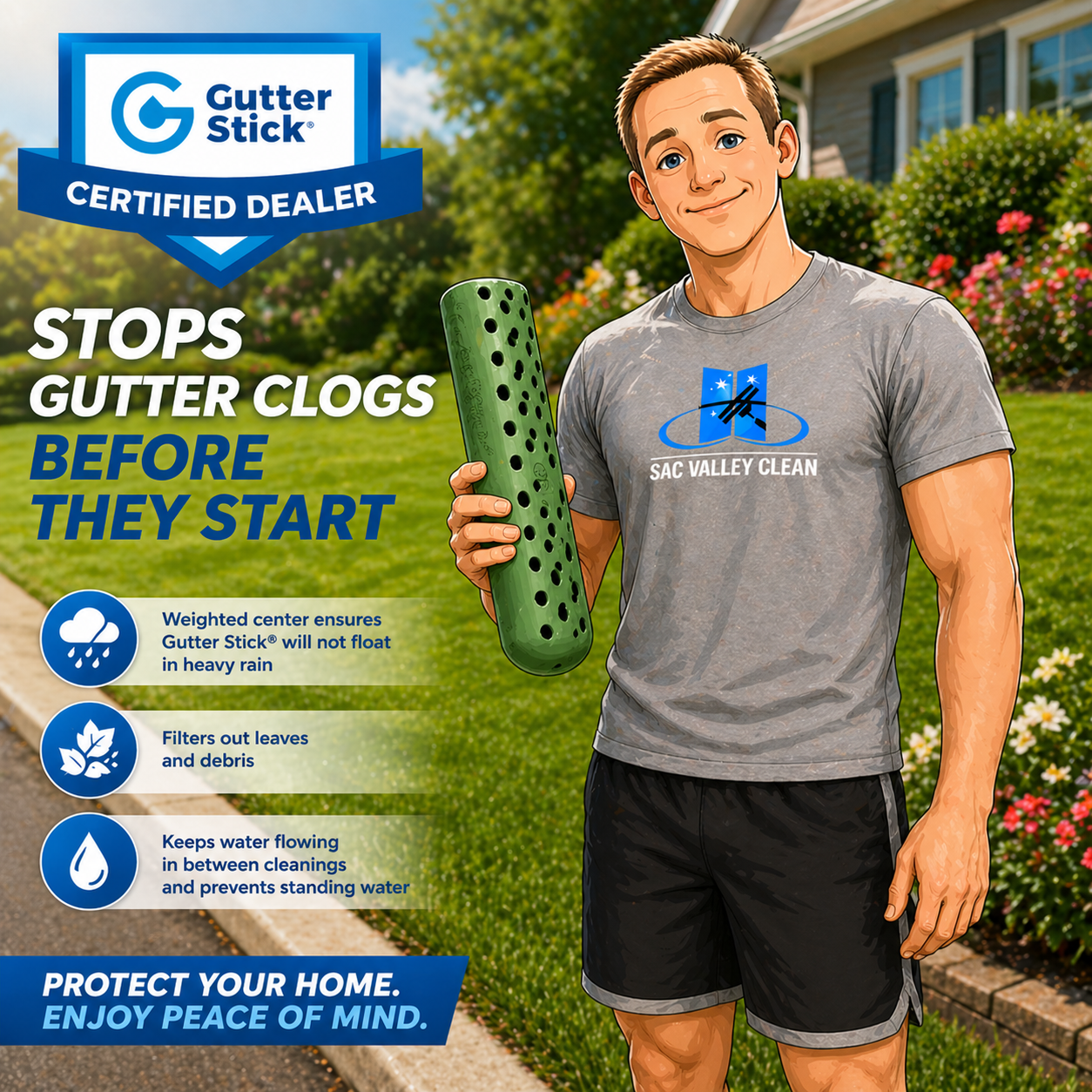 Gutter Stick product benefits showing water flow and debris filtering
