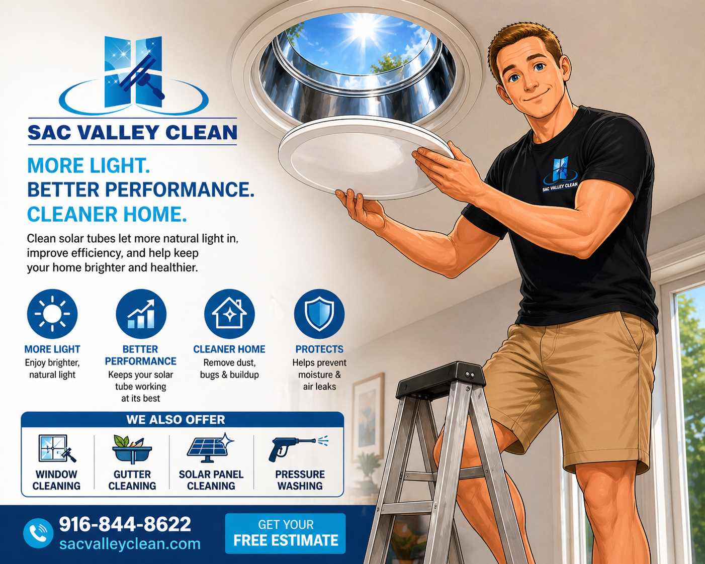 Sac Valley Clean solar tube cleaning service graphic with technician cleaning diffuser