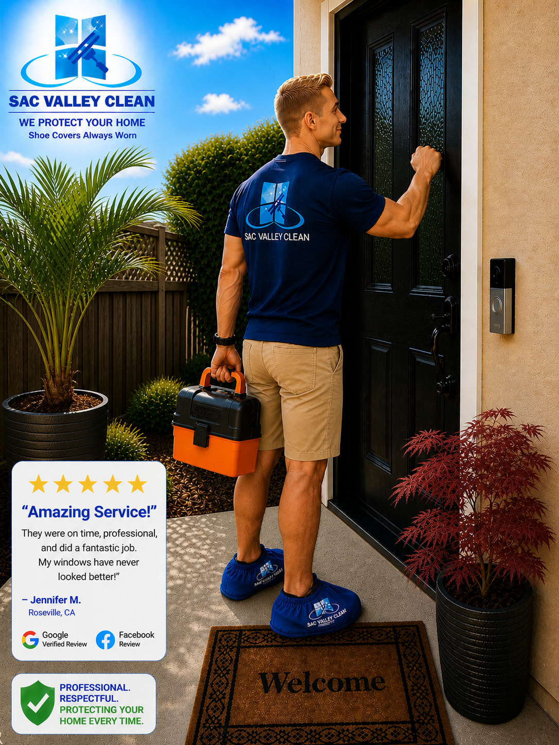 Interior Window Cleaning Sacramento With Shoe Covers Sac Valley Clean technician wearing shoe covers for interior window cleaning in Sacramento