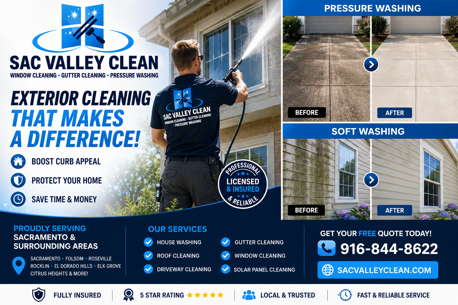 Before and after pressure washing and soft washing results Sacramento Sac Valley Clean